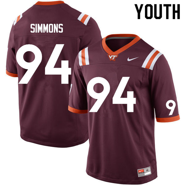 Youth #94 Nigel Simmons Virginia Tech Hokies College Football Jerseys Sale-Maroon